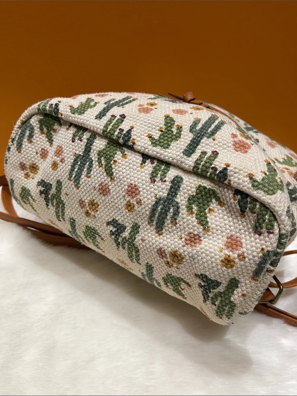 Cactus Print Woven Cotton-blend Mini Backpack - Tan Trim